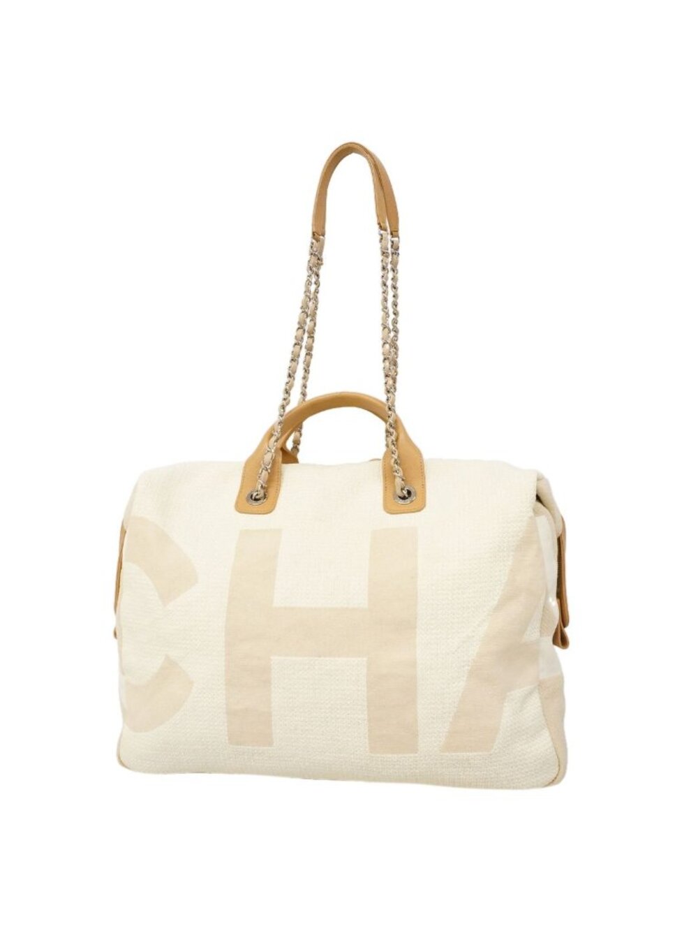 Chanel Handbag Deauville Canvas Ivory Beige Silver 2-Way Back